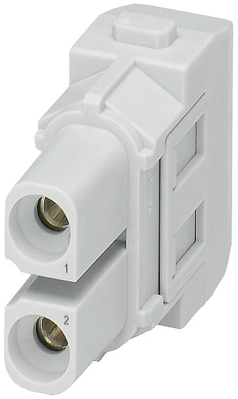 Šedý dvojpólový elektrický konektor s číslovanými kontaktmi '1' a '2', používaný pre elektrické prepojenia.