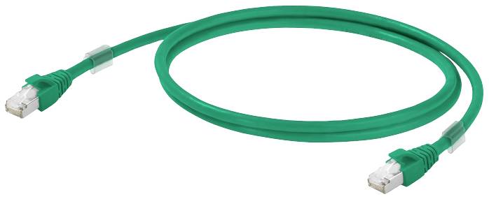 Zelený ethernetový kábel s dvoma RJ45 konektormi na koncoch, používaný na sieťové pripojenie.