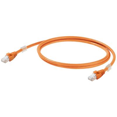 Oranžový ethernetový kábel s konektormi RJ45 na oboch koncoch, na bielom pozadí.