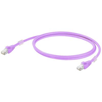 Fialový ethernetový kábel s RJ-45 konektormi na oboch koncoch leží v slučke. Používa sa na sieťové pripojenie.