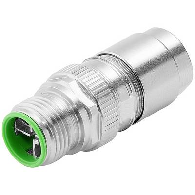 Priemyselný elektrický konektor v striebornej farbe, valcovitého tvaru so zeleným koncom, sa používa v elektronike a strojárstve na bezpečnejšie pripojenia.