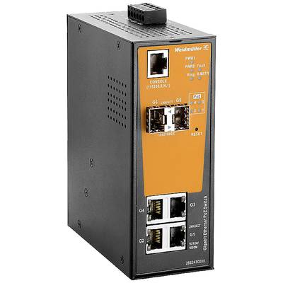 Priemyselný switch značky Weidmüller s ethernetovými a konzolový mi pripojeniami, s oranžovou čelnou doskou, vhodný pre sieťové aplikácie.