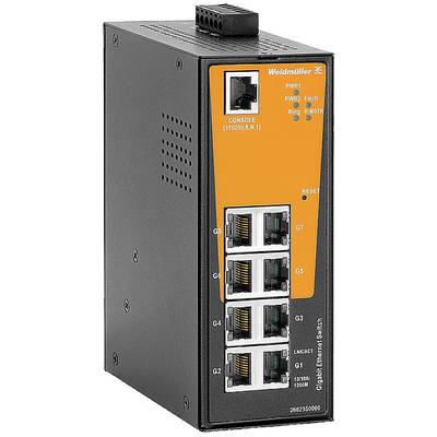 Sieťový prepínač Weidmüller Gigabit Ethernet s viacerými portami a indikačnými LED diódami pre napájanie (PWR) a poruchy (Fault). Čierne púzdro s oranžovým predným panelom.