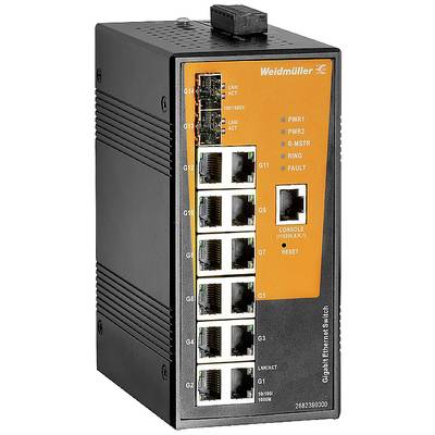 Priemyselný ethernetový switch od spoločnosti Weidmüller s 12 portami a LED indikátormi pre stav prepojenia a chýb. Ideálny pre sieťové pripojenia.