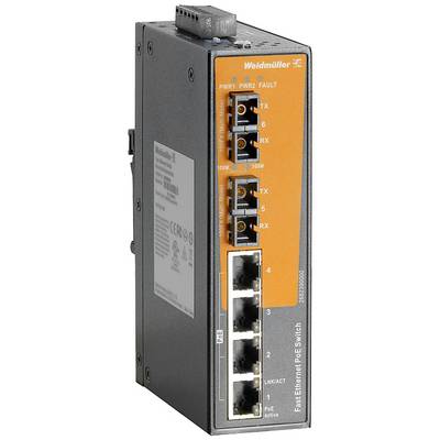 PoE ethernetový prepínač od spoločnosti Weidmüller s viacerými portmi, vhodný na napájanie a sieťové prepojenie zariadení.