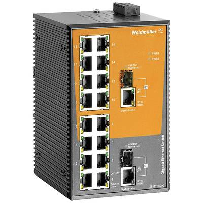 Sieťový switch Weidmüller Gigabit Ethernet v čiernej a oranžovej farbe s 16 portami pre sieťové pripojenia, vhodný pre priemyselné aplikácie.