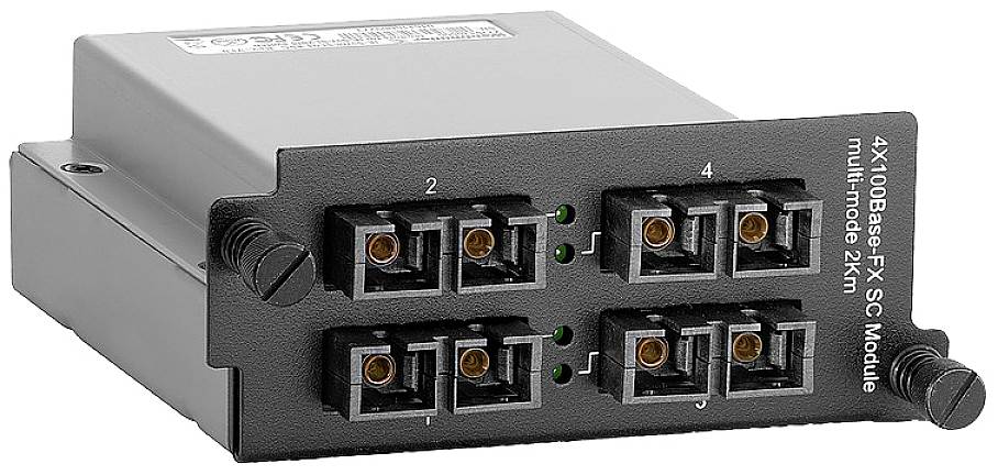 Čierna sieťová modulová krabica s ôsmimi SC konektormi v dvoch radoch. Označená ako '4X100Base-FX SC modul multimode 2km'.
