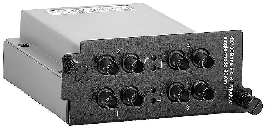 Sivý 4X100Base-FX ST jednovidový modul s dosahom 30 km, zobrazujúci štyri sieťové pripojenia na prednej strane.