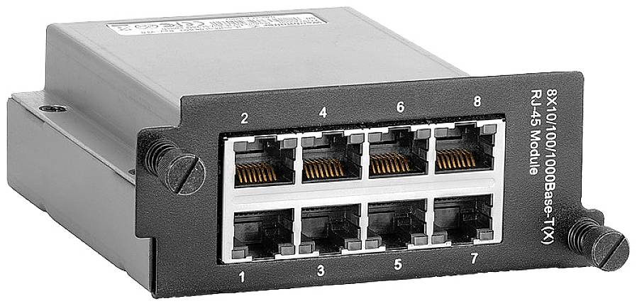 Obrázok zobrazuje sieťový modul s ôsmimi portmi RJ-45, označený ako '10/100/1000Base-TX RJ-45 modul'.