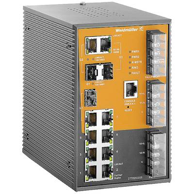 Priemyselný ethernetový switch od spoločnosti Weidmüller s viacerými portami a indikátormi pre napájanie, linkovú aktivitu, chyby a kruhovu topológiu.
