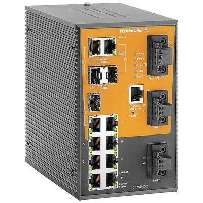 Priemyselný switch od spoločnosti Weidmüller s viacerými ethernetovými portami a LED diódami na indikáciu stavu na prednej strane.