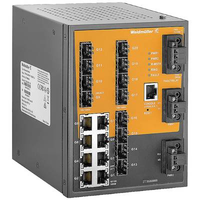 Priemyselný switch s oranžovo-čiernym krytom, viacerými ethernetovými a optickými vláknami. LED diódy indikujú stav siete.