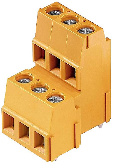 Oranžový 5-pinový konektor so zásekmi pre elektrické prepojenia, stojaci na priehľadnom povrchu.
