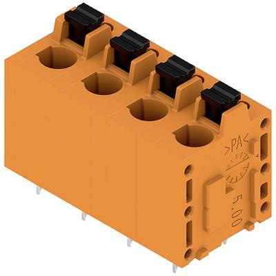 Oranžový štvorpólový konektor s čiernymi svorkami, vhodný na prepojenie elektronických komponentov.