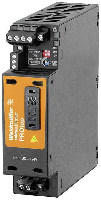 Čierne a oranžové elektrické zariadenie od spoločnosti Weidmueller, model PROtop, s 24V DC vstupom, určené pre priemyselné napájanie.