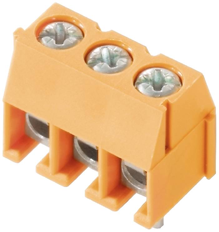 Oranžový trojpólový konektor so skrutkovými svorkami, používaný pre elektrické prepojenie.