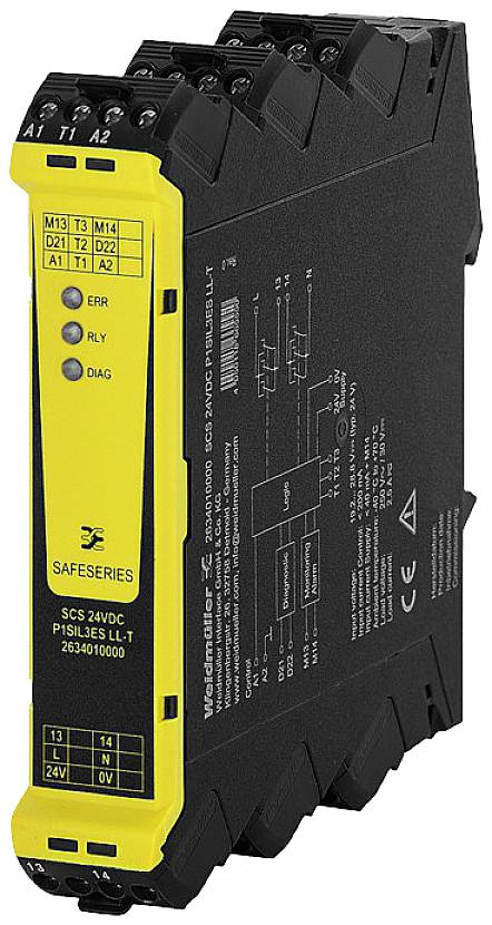 Bezpečnostný reléový modul od Weidmüller, model SCS 24V DC, žltej a čiernej farby, s konektormi a LED indikátormi na prednej strane.