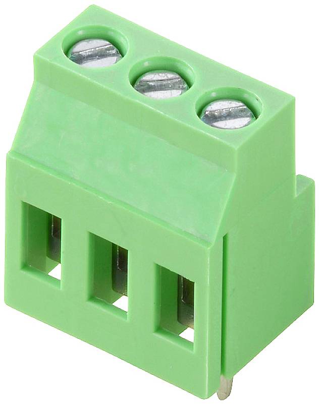 Zelený trojdielny konektor so skrutkovými svorkami, používaný v elektronike pre bezpečné prepojenie káblov.