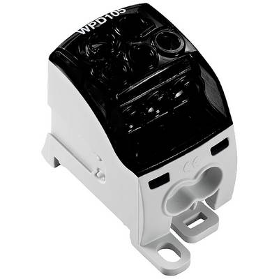 Čiernobiela elektrická rozvodná krabica, model WPD105, s viacerými pripájacími otvormi a montážnym držiakom.