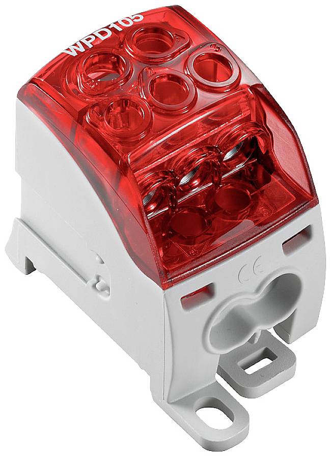 Biely-červený elektrický konektor s viacerými vstupnými portami, vhodný pre zabezpečenie káblových prepojení v inštaláciách.