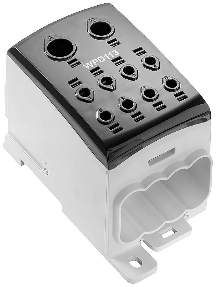 Elektrický pripojovací blok 'WPD 113' s viacerými pripojovaciami svorkami na čiernom povrchu, navrhnutý pre správu káblov.
