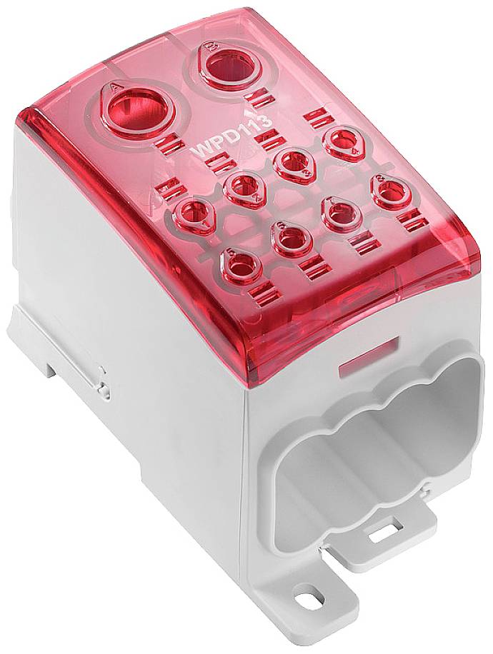 Elektronická súčiastka s červeným plastovým krytom, deväť elektrickými vývodmi hore a trojuholníkovým otvorom dole.