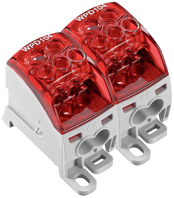 Červený, dvojitý svorkovnicový blok Wago (model WPD100), vhodný pre elektrické pripojenia. Jasne znázornený v detailnom zábere.