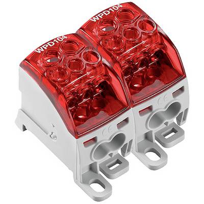 Červený, dvojitý svorkovnicový blok Wago (model WPD100), vhodný pre elektrické pripojenia. Jasne znázornený v detailnom zábere.