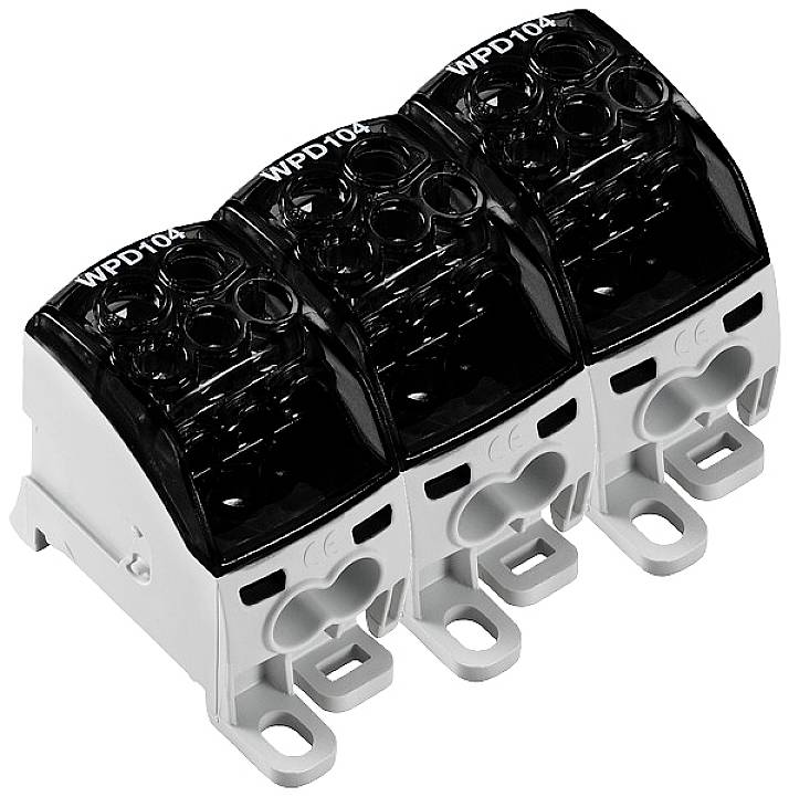 Trojpólový distribučný blok pre elektrické pripojenia. Kryt z plastu, vhodný pre priemyselné aplikácie.