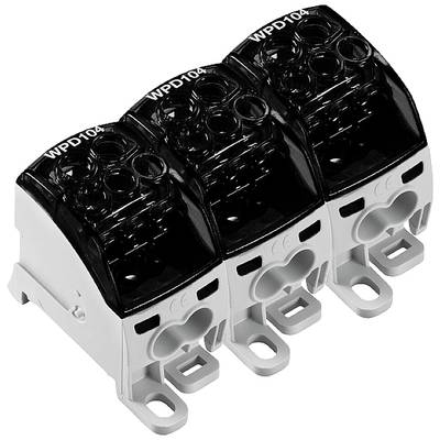 Trojpólový distribučný blok pre elektrické pripojenia. Kryt z plastu, vhodný pre priemyselné aplikácie.