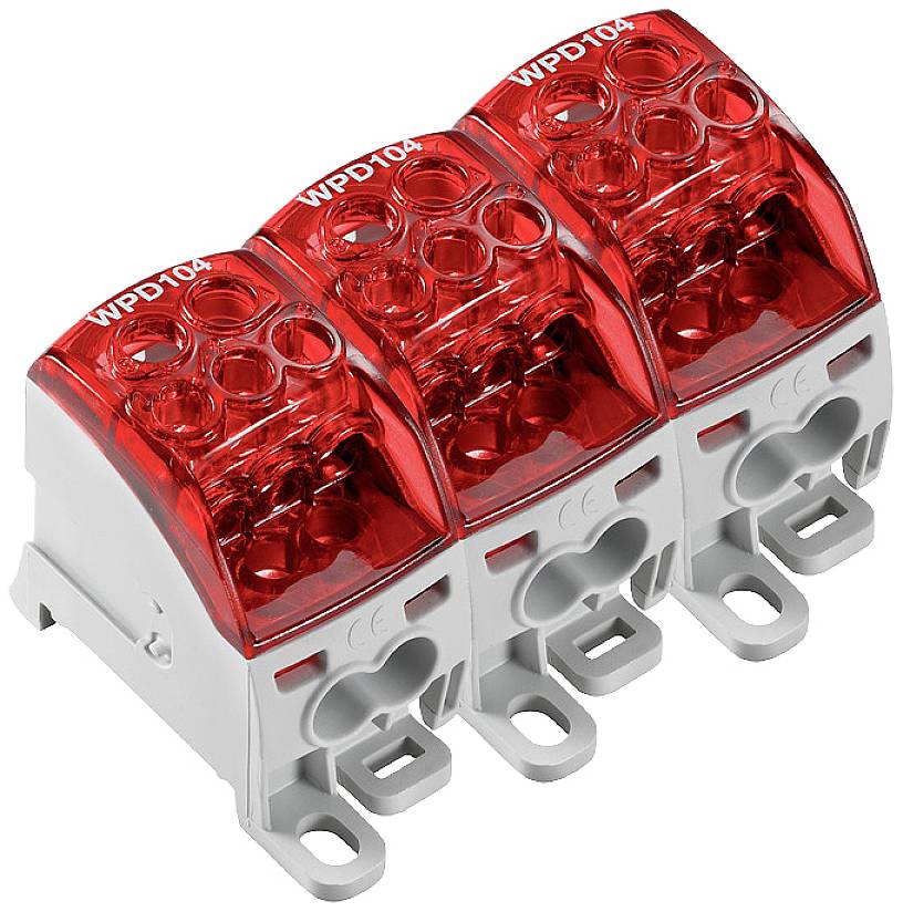 Trojitý červený rozvodný blok s nápisom 'WPD 10x'. Blok má viacero pripojení pre elektrické zapojenie.