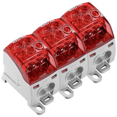 Trojitý elektrický pripojovací blok s červenými priehľadnými krytmi, vhodný pre priemyselné elektrické inštalácie.