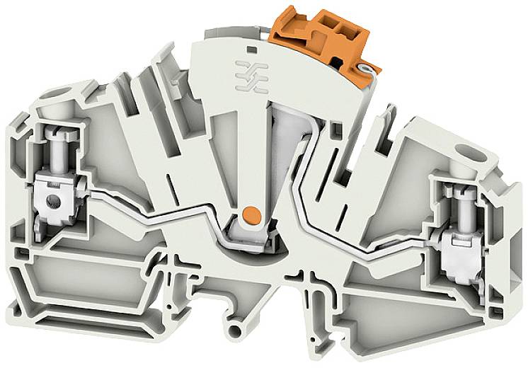 Sivý, symetrický svorkovací blok s oranžovou pákou uprostred; slúži na elektrické prepojenie vodičov v rozvádzačoch.