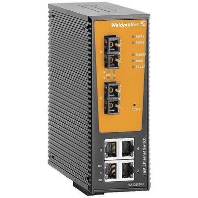 Priemyselný Fast Ethernet switch od spoločnosti Weidmüller s viacerými sieťovými a napájacími prípojkami a stavovými indikátormi na prednej strane.