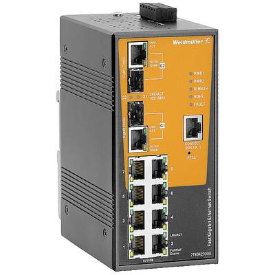 Priemyselný ethernetový prepínač s viacerými ethernetovými portami, LED indikátormi pre napájanie, linku a chyby, ako aj konzolový port.