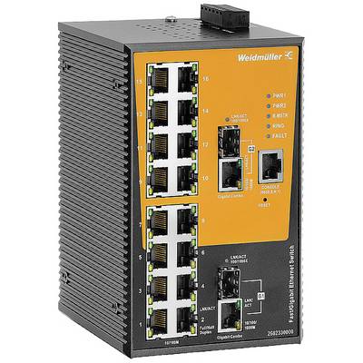 Priemyselný ethernetový prepínač s viacerými portami a kontrolnými LED diódami pre monitorovanie a správu siete. Označenie 'Weidmüller'.