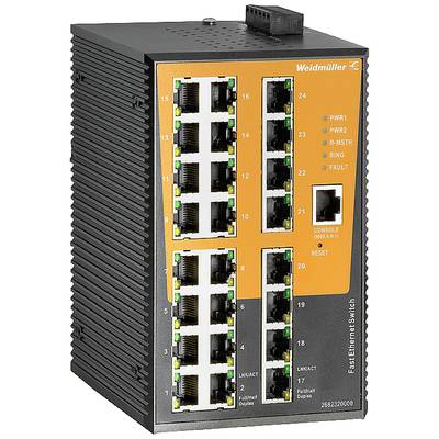 Priemyselný ethernetový switch so 16 portami, LED indikátormi napájania a sieťového stavu, konzolový port a resetovací gombík. Model Weidmüller s robustným dizajnom.