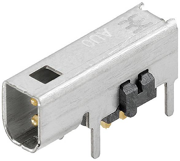 Kovový USB konektor obdĺžnikového tvaru s otvoreným koncom a pripájacími kolíkmi určenými na montáž na dosku plošných spojov.