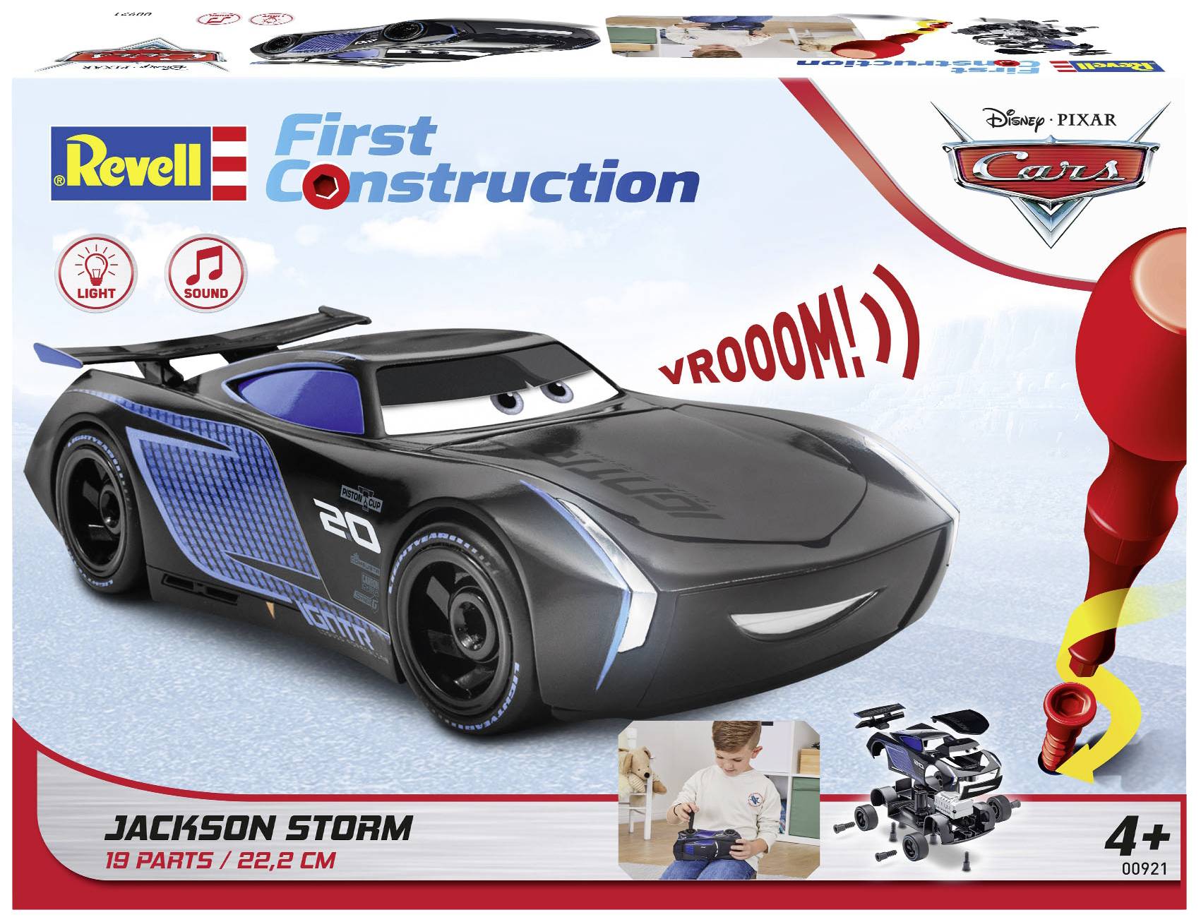 Stavebnica hračkárskeho auta 'Jackson Storm' od Revell pre deti od 4 rokov. Obsahuje 19 dielov, auto so svetelnými a zvukovými efektami.