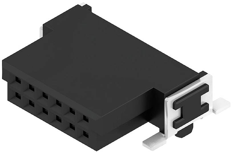 Čierny 12-pinový zásuvkový konektor s bočnými kovovými kontaktmi, vhodný pre elektronické aplikácie.