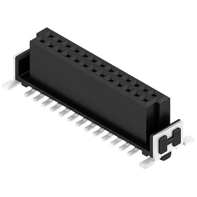 Čierny, obdĺžnikový elektronický konektor s mnohými kontaktnými kolíkmi a dvoma upevňovacími prvkami na stranách.
