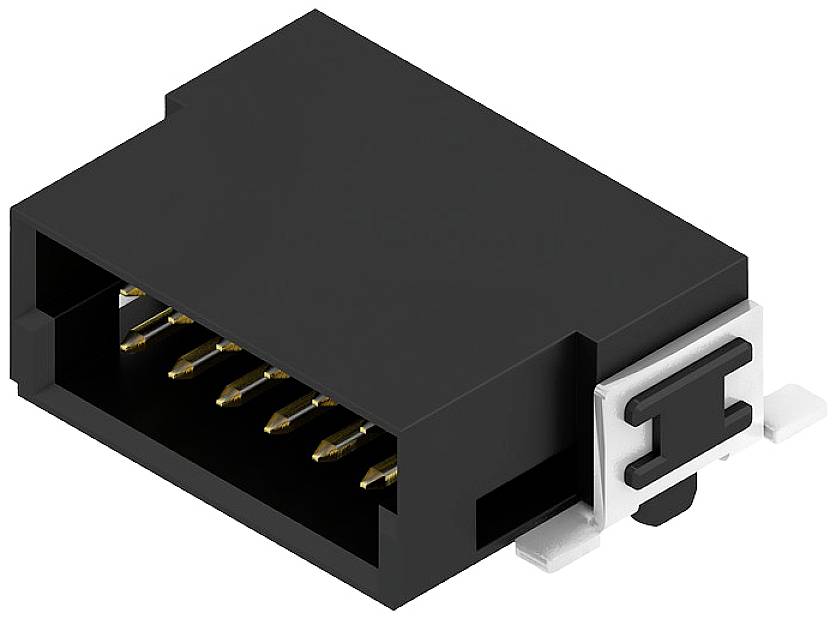 Čierny elektrický konektor so šiestimi zlatými kontaktmi a bielymi bočnými úchytmi.