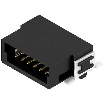 Čierny elektrický konektor so šiestimi zlatými kontaktmi a bielymi bočnými úchytmi.