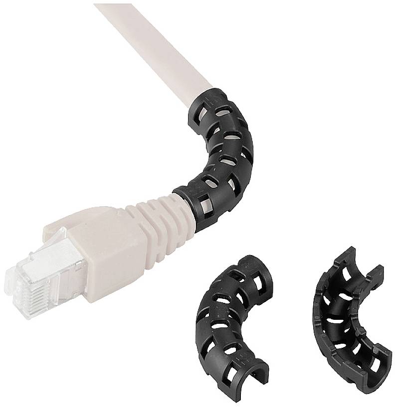 Ethernetový kábel s priloženou ochranou proti zalomeniu z čierneho plastu, ktorá obopína kábel, aby ho chránila pred poškodením.