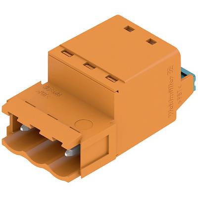 Oranžový elektrotechnický modul od Weidmüllera pre priemyselné zapojenie. Zobrazuje prípojky pre elektrické prepojenia.
