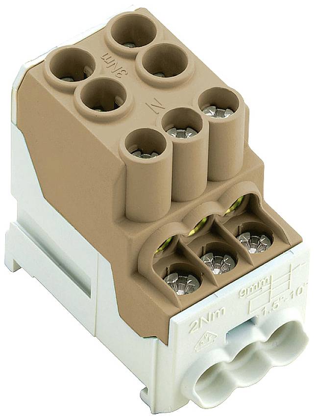 Hnedý a biely elektrický konektor so šiestimi káblovými prípojkami a skrutkovými svorkami, vhodný pre káble s prierezom 2,5 mm².