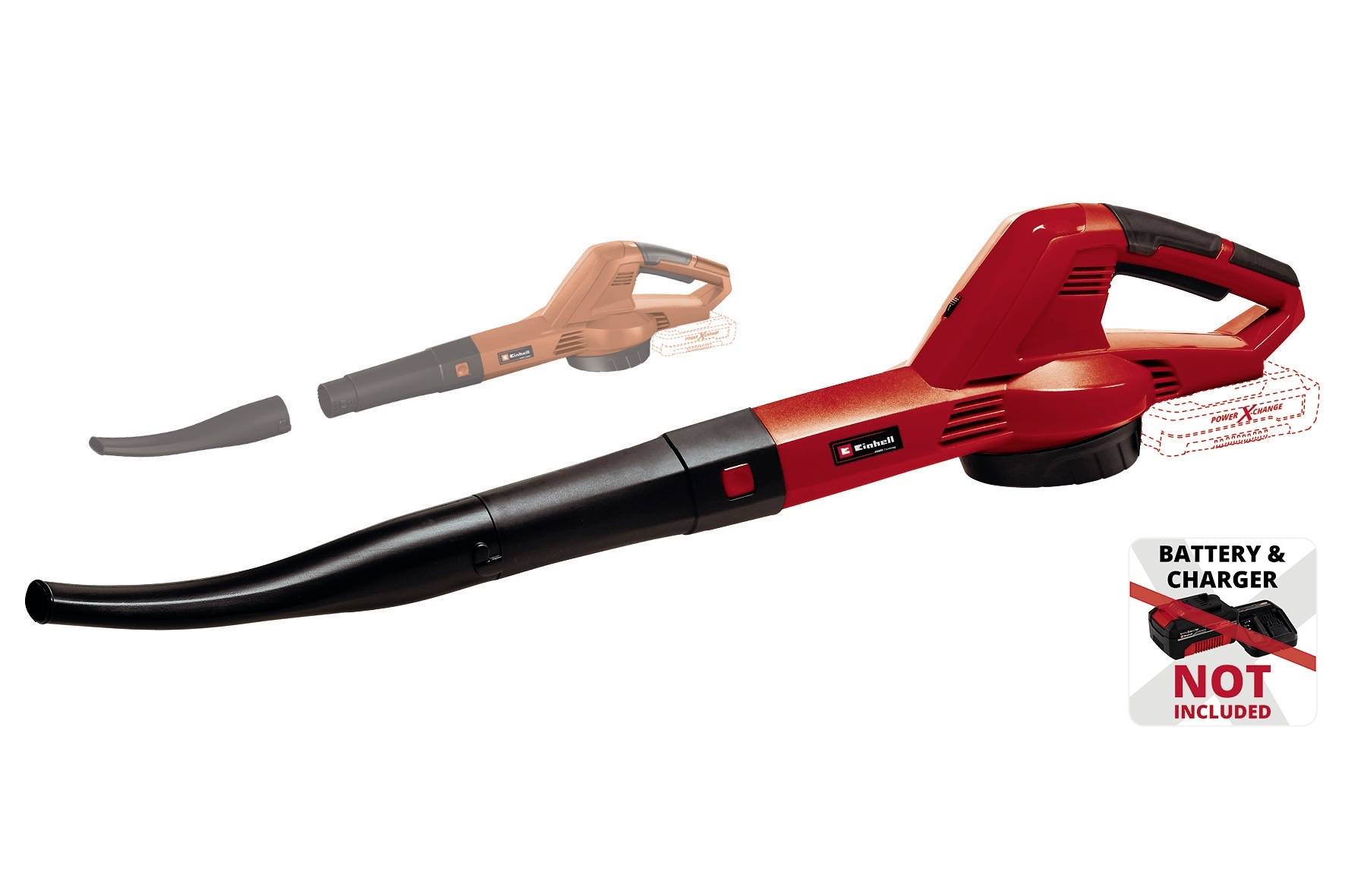 Lístový fúkar v červenej a čiernej farbe; batérie a nabíjačka nie sú súčasťou balenia. Text upozorňuje, že produkt je dodávaný bez batérie a nabíjačky.