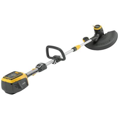 Akumulátorový trávny vyžínač s ergonomickou rukoväťou, žlto-čiernym dizajnom a ochranným krytom, vhodný na presné strihanie trávy.