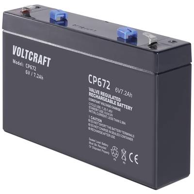 Dobíjateľná batéria, model Voltcraft CP672, 6V/7,2Ah, s modrými a červenými svorkami na hornej strane.