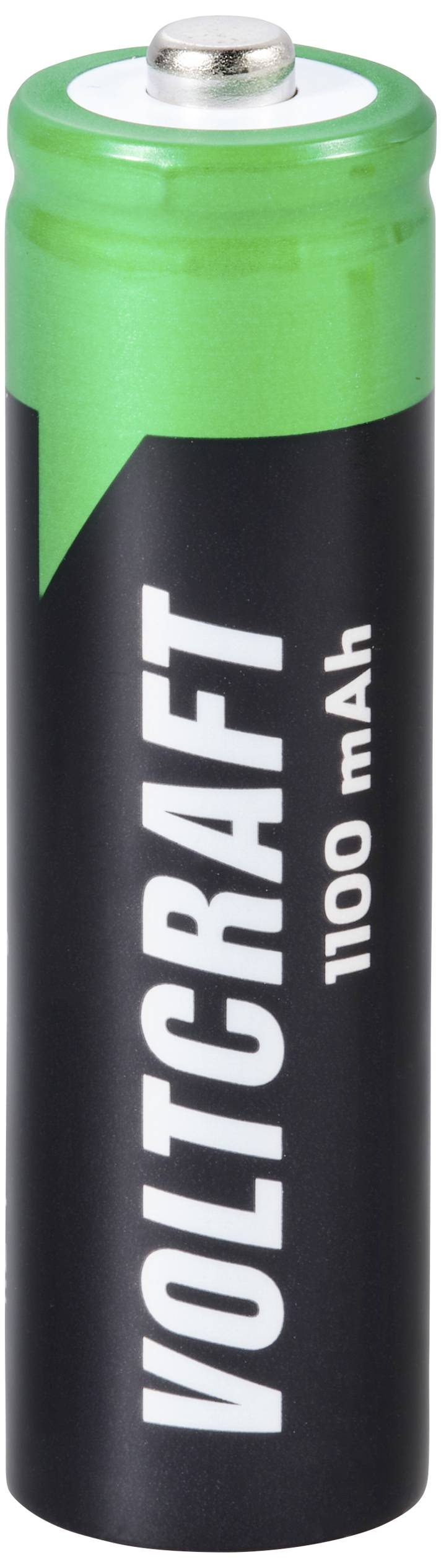 Čierna batéria so zelenou hlavou s nápisom 'VOLTCRAFT 1100 mAh'.